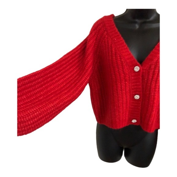 Jessica Simpson red chunky knit fuzzy bejeweled button v-neck cardigan size M - Picture 6 of 16